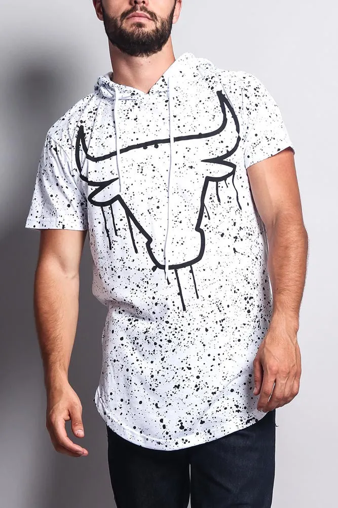 Paint Splattered Bull Logo Long Length Curved Hem Hooded T-Shirt