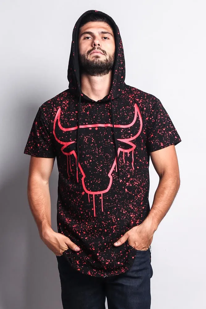 Paint Splattered Bull Logo Long Length Curved Hem Hooded T-Shirt