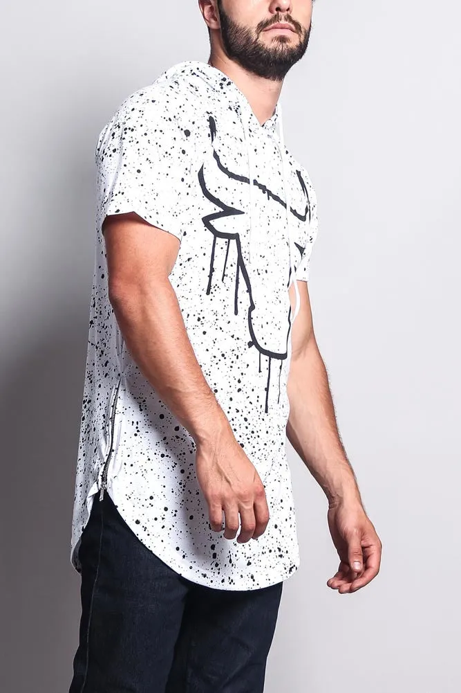 Paint Splattered Bull Logo Long Length Curved Hem Hooded T-Shirt