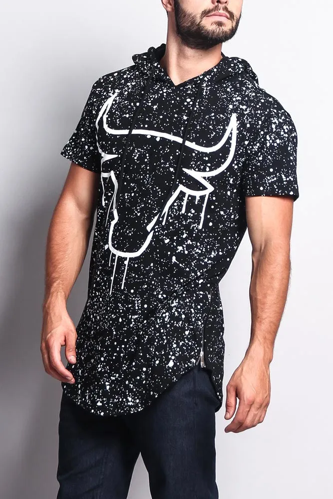 Paint Splattered Bull Logo Long Length Curved Hem Hooded T-Shirt