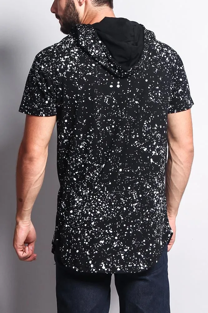 Paint Splattered Bull Logo Long Length Curved Hem Hooded T-Shirt