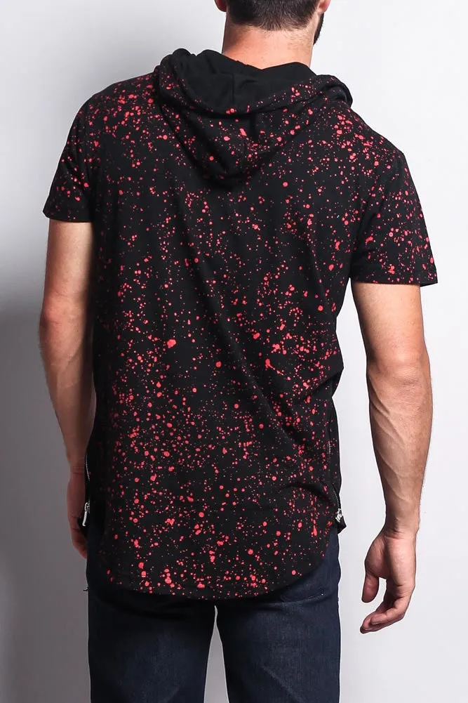 Paint Splattered Bull Logo Long Length Curved Hem Hooded T-Shirt