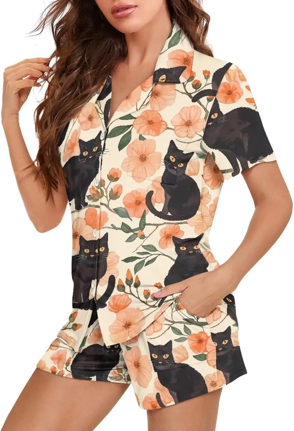 Pajamas For Women Short Sleeve Button Down Pajamas PJ Set Comfortable Sleepwear with Pocket S-XXL