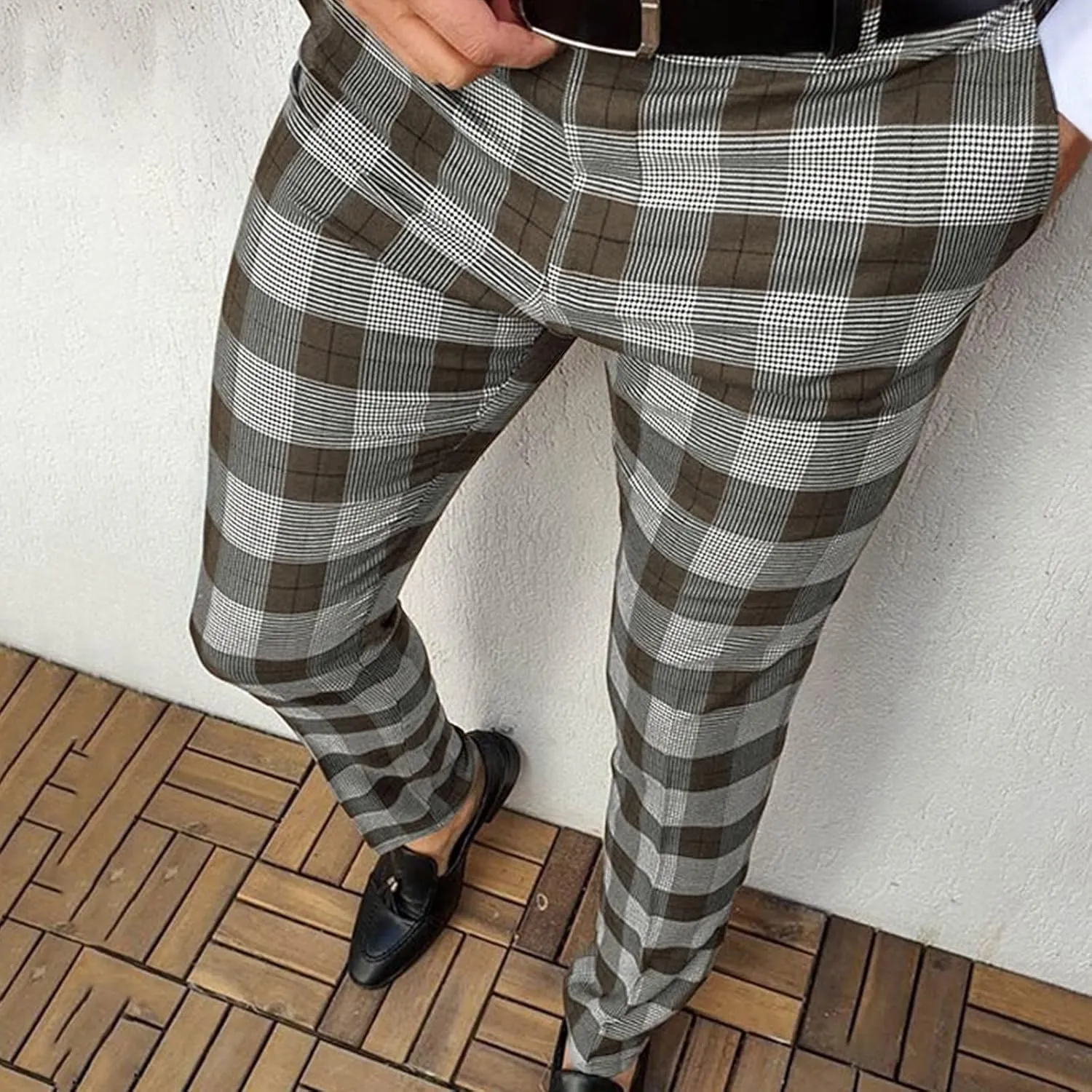 Plaid Slim Fit Dress Pants for Men Tapered Golf Skinny Stretch Chino Pants Mens Casual Slacks Suit Mens Chinos Pants