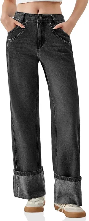 PLNOTME Womens Baggy Jeans Boyfriend Wide Leg Trendy Casual Mid Rise Cuffed Hem Denim Pants with Pockets
