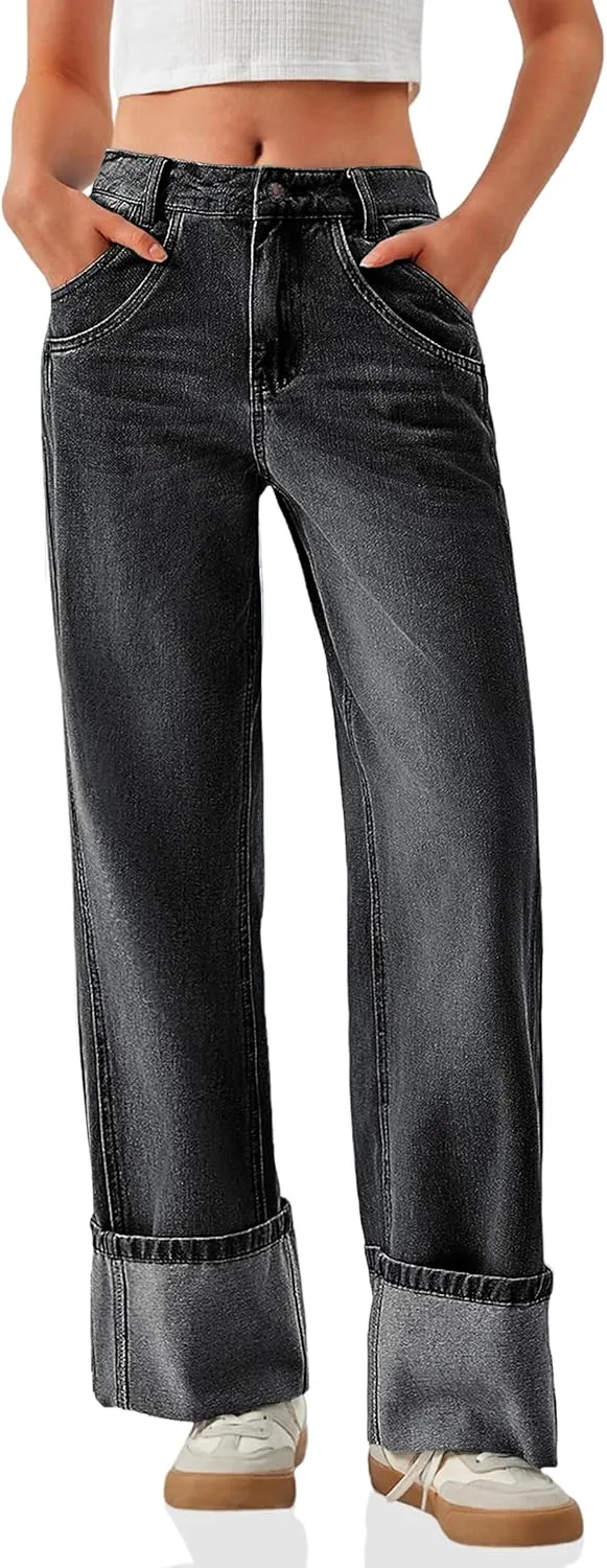 PLNOTME Womens Baggy Jeans Boyfriend Wide Leg Trendy Casual Mid Rise Cuffed Hem Denim Pants with Pockets