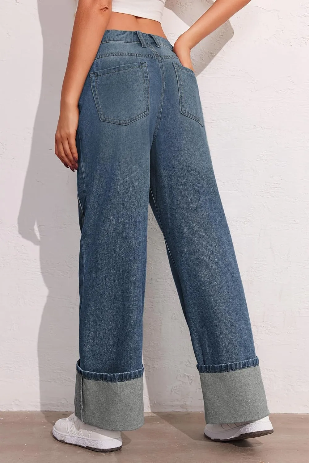PLNOTME Womens Baggy Jeans Boyfriend Wide Leg Trendy Casual Mid Rise Cuffed Hem Denim Pants with Pockets