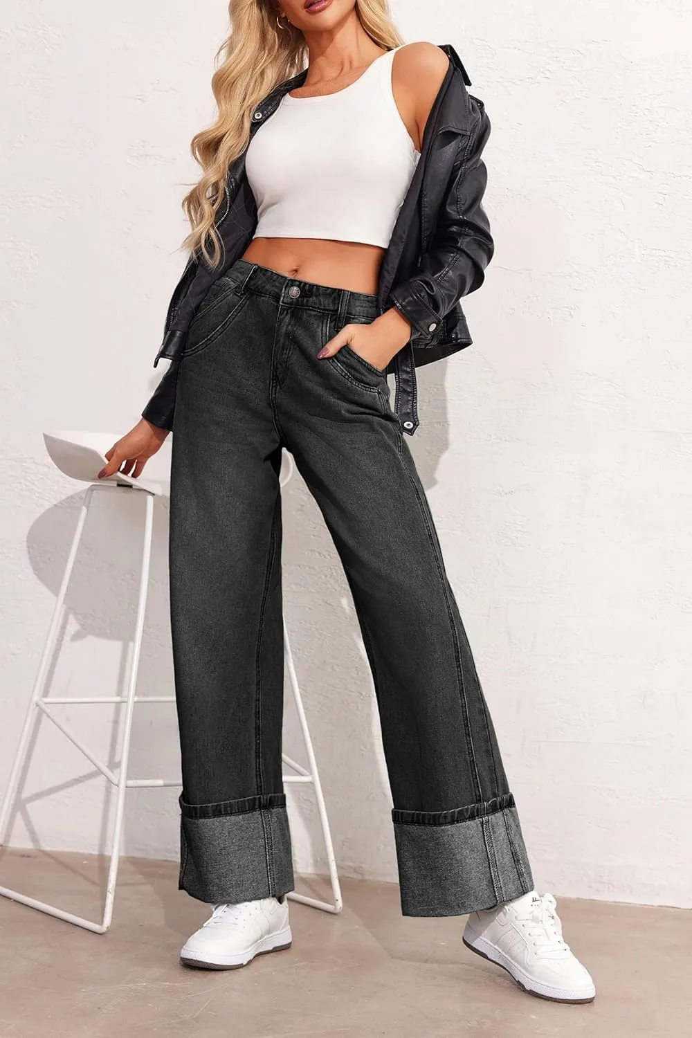 PLNOTME Womens Baggy Jeans Boyfriend Wide Leg Trendy Casual Mid Rise Cuffed Hem Denim Pants with Pockets