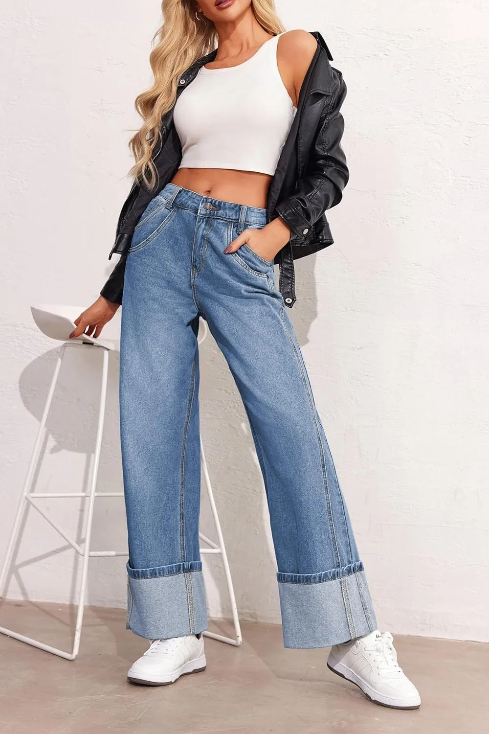 PLNOTME Womens Baggy Jeans Boyfriend Wide Leg Trendy Casual Mid Rise Cuffed Hem Denim Pants with Pockets