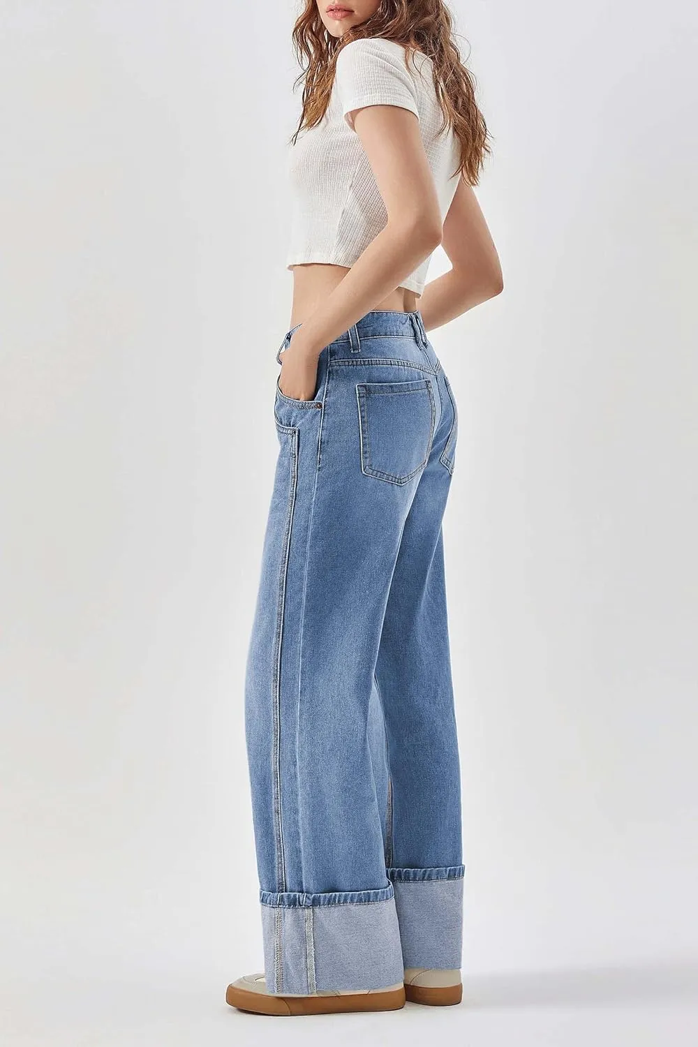 PLNOTME Womens Baggy Jeans Boyfriend Wide Leg Trendy Casual Mid Rise Cuffed Hem Denim Pants with Pockets