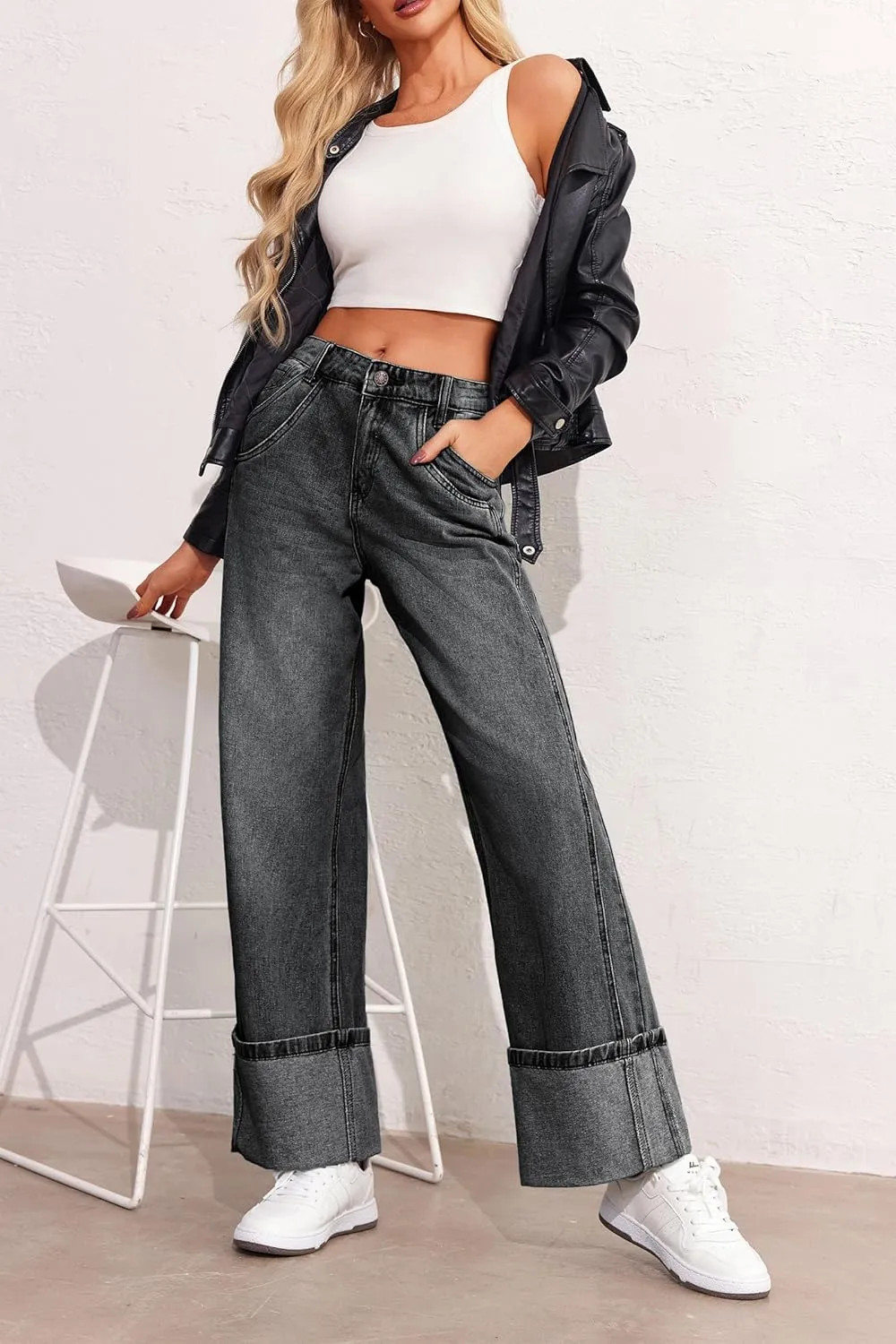 PLNOTME Womens Baggy Jeans Boyfriend Wide Leg Trendy Casual Mid Rise Cuffed Hem Denim Pants with Pockets