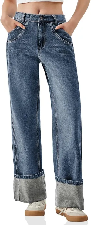 PLNOTME Womens Baggy Jeans Boyfriend Wide Leg Trendy Casual Mid Rise Cuffed Hem Denim Pants with Pockets