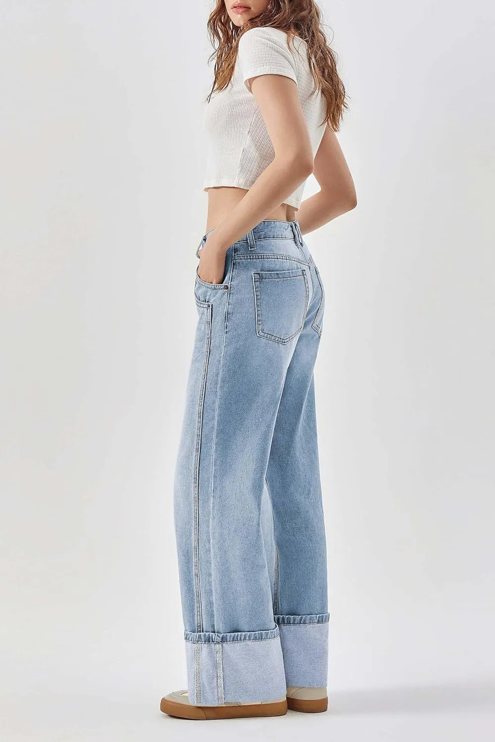 PLNOTME Womens Baggy Jeans Boyfriend Wide Leg Trendy Casual Mid Rise Cuffed Hem Denim Pants with Pockets