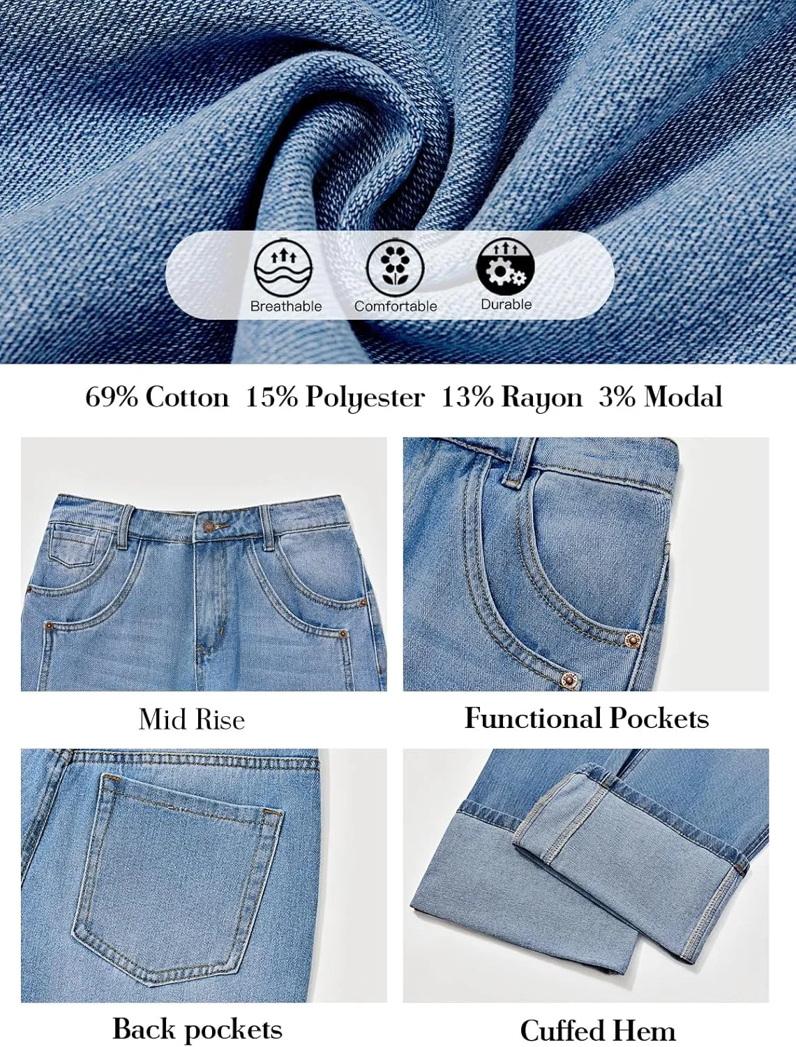 PLNOTME Womens Baggy Jeans Boyfriend Wide Leg Trendy Casual Mid Rise Cuffed Hem Denim Pants with Pockets