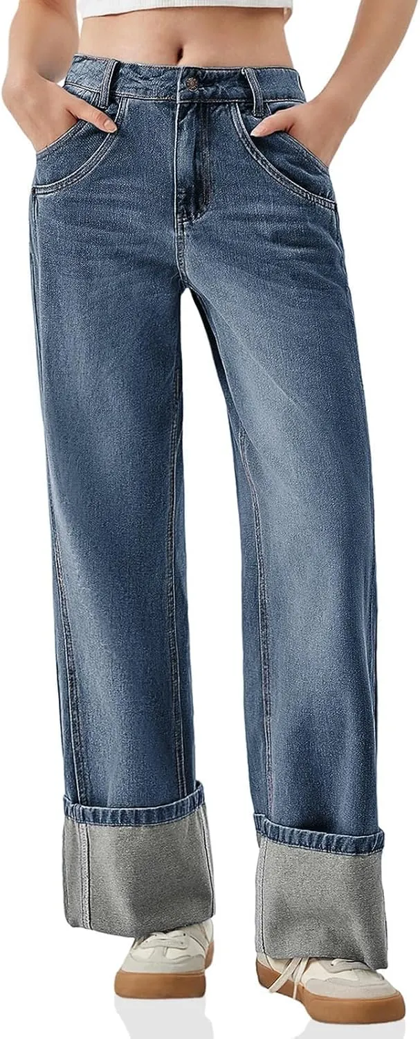 PLNOTME Womens Baggy Jeans Boyfriend Wide Leg Trendy Casual Mid Rise Cuffed Hem Denim Pants with Pockets