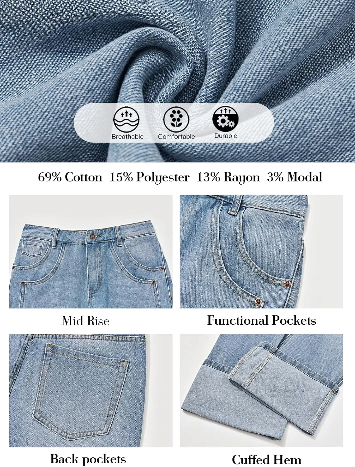 PLNOTME Womens Baggy Jeans Boyfriend Wide Leg Trendy Casual Mid Rise Cuffed Hem Denim Pants with Pockets