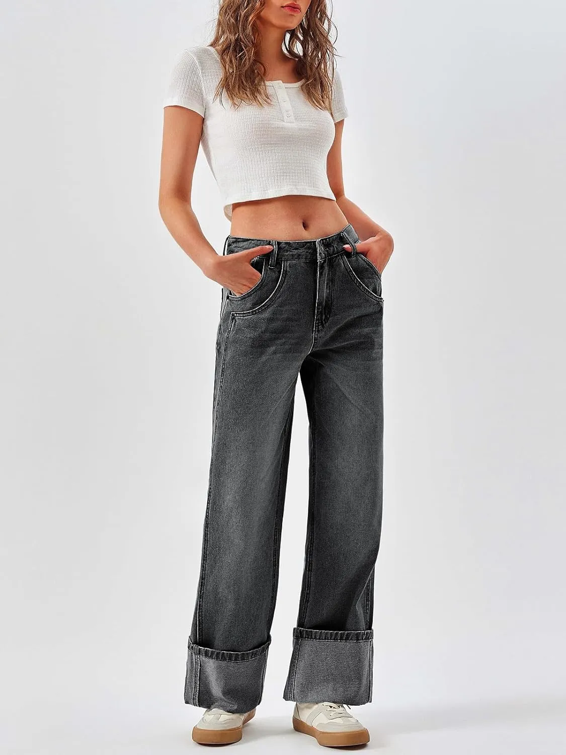 PLNOTME Womens Baggy Jeans Boyfriend Wide Leg Trendy Casual Mid Rise Cuffed Hem Denim Pants with Pockets