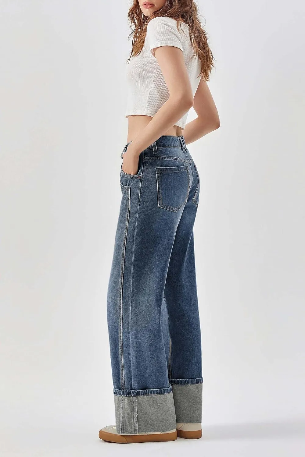 PLNOTME Womens Baggy Jeans Boyfriend Wide Leg Trendy Casual Mid Rise Cuffed Hem Denim Pants with Pockets