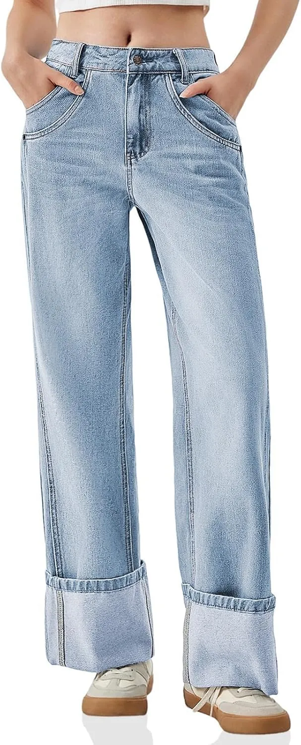 PLNOTME Womens Baggy Jeans Boyfriend Wide Leg Trendy Casual Mid Rise Cuffed Hem Denim Pants with Pockets
