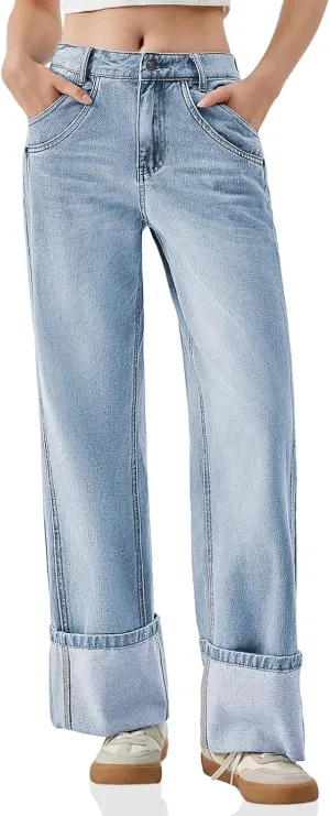 PLNOTME Womens Baggy Jeans Boyfriend Wide Leg Trendy Casual Mid Rise Cuffed Hem Denim Pants with Pockets