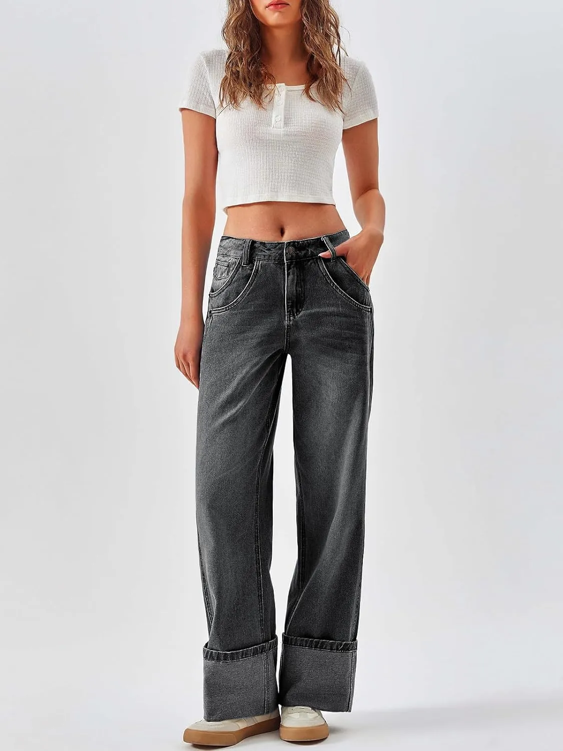 PLNOTME Womens Baggy Jeans Boyfriend Wide Leg Trendy Casual Mid Rise Cuffed Hem Denim Pants with Pockets