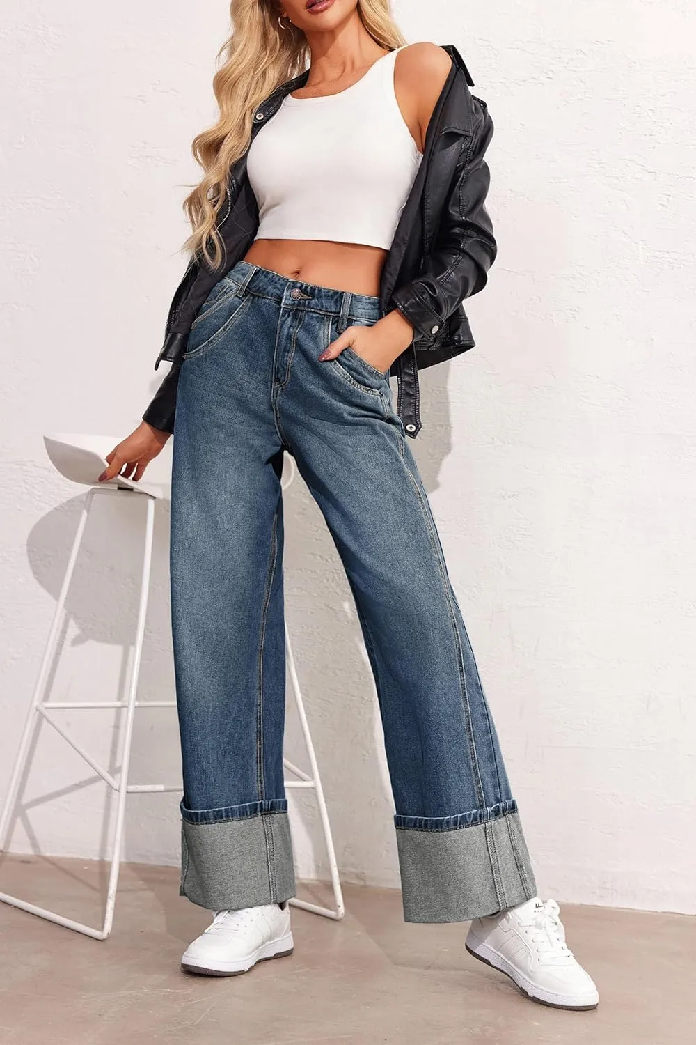 PLNOTME Womens Baggy Jeans Boyfriend Wide Leg Trendy Casual Mid Rise Cuffed Hem Denim Pants with Pockets