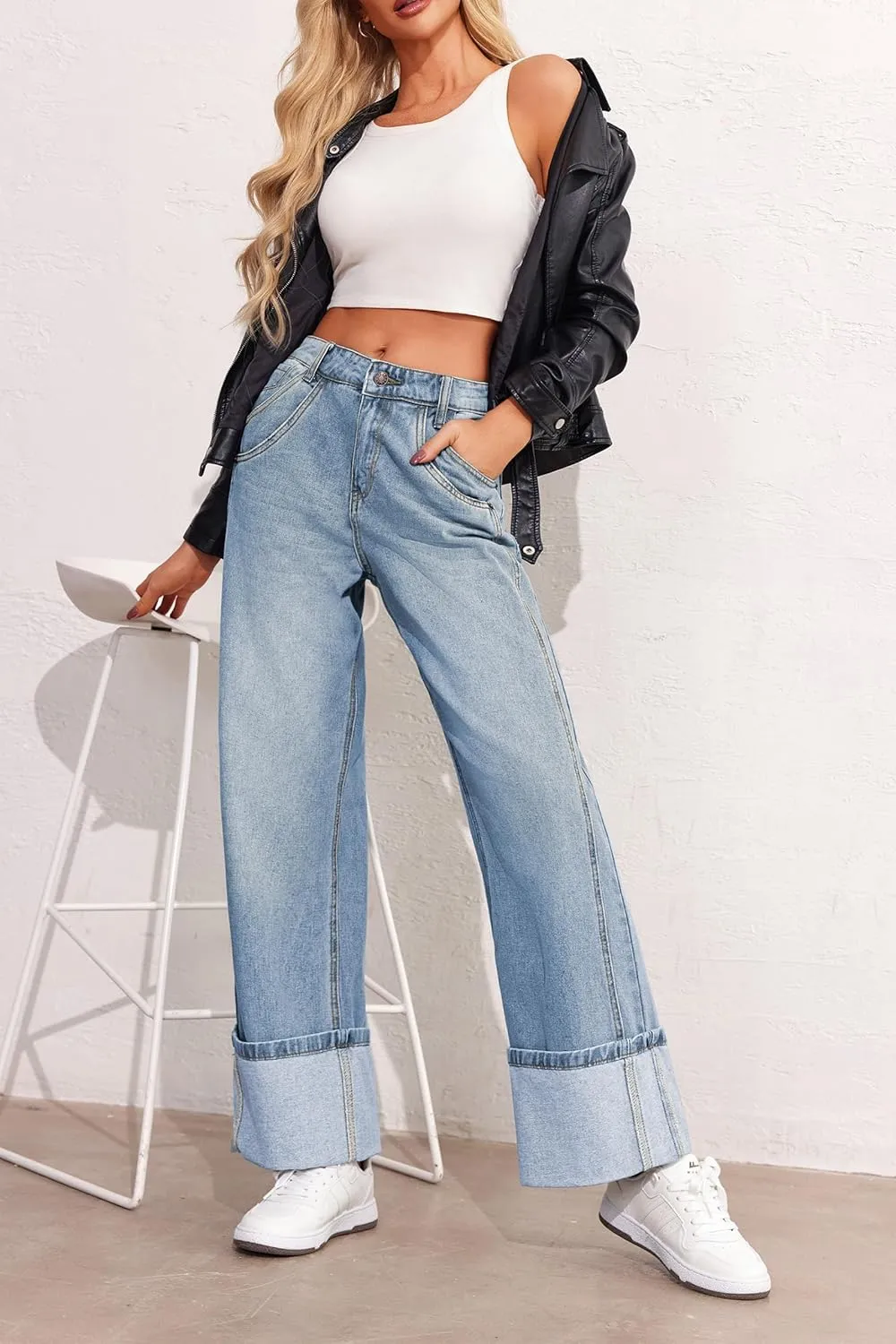 PLNOTME Womens Baggy Jeans Boyfriend Wide Leg Trendy Casual Mid Rise Cuffed Hem Denim Pants with Pockets