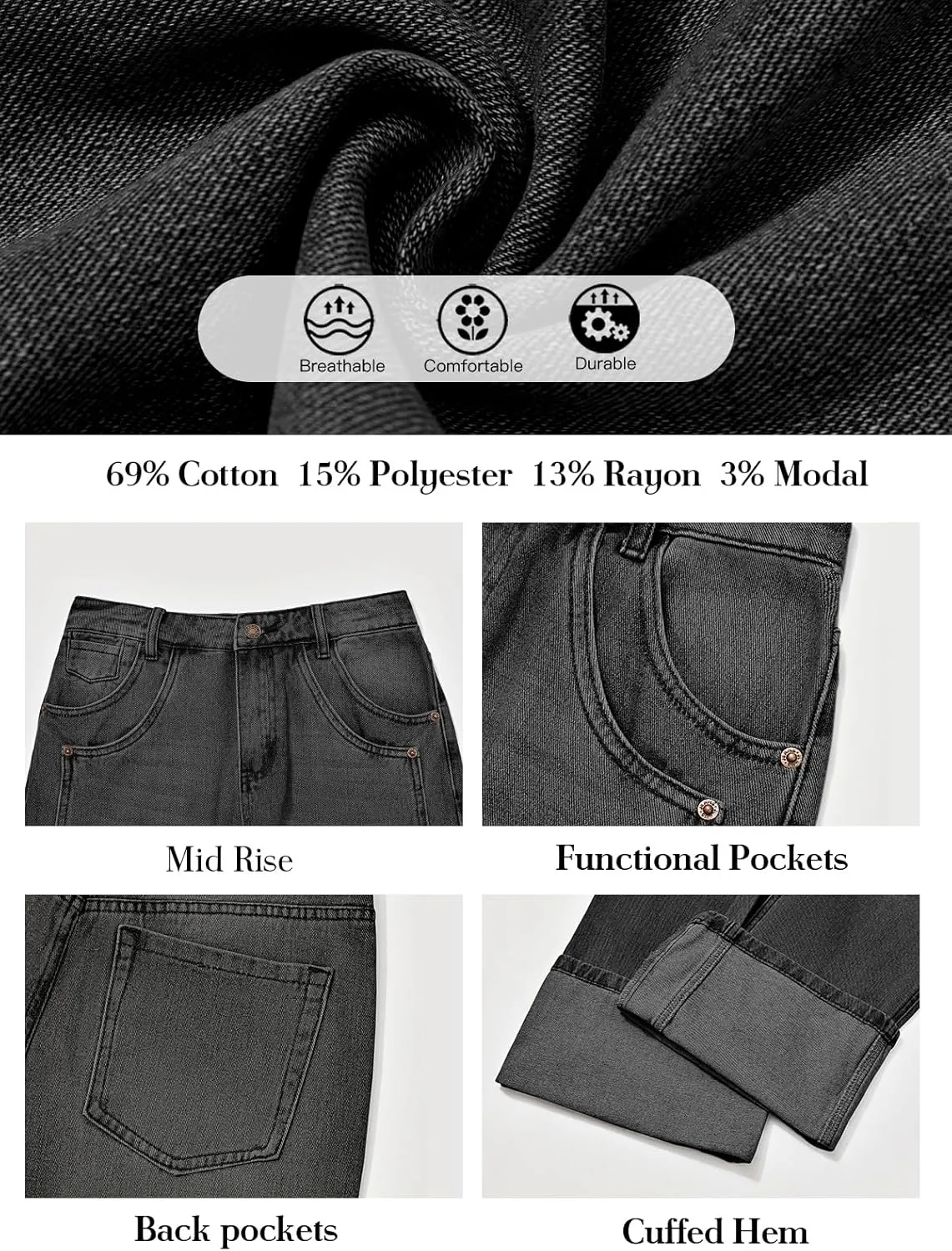 PLNOTME Womens Baggy Jeans Boyfriend Wide Leg Trendy Casual Mid Rise Cuffed Hem Denim Pants with Pockets