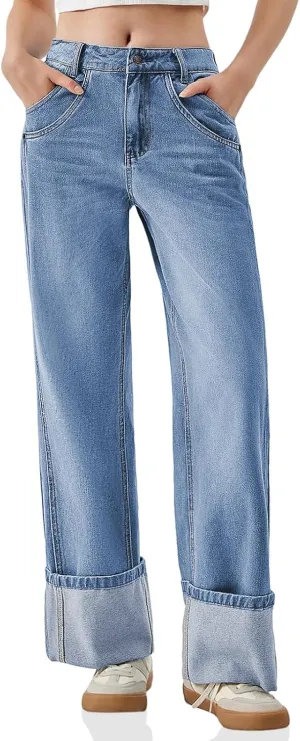 PLNOTME Womens Baggy Jeans Boyfriend Wide Leg Trendy Casual Mid Rise Cuffed Hem Denim Pants with Pockets