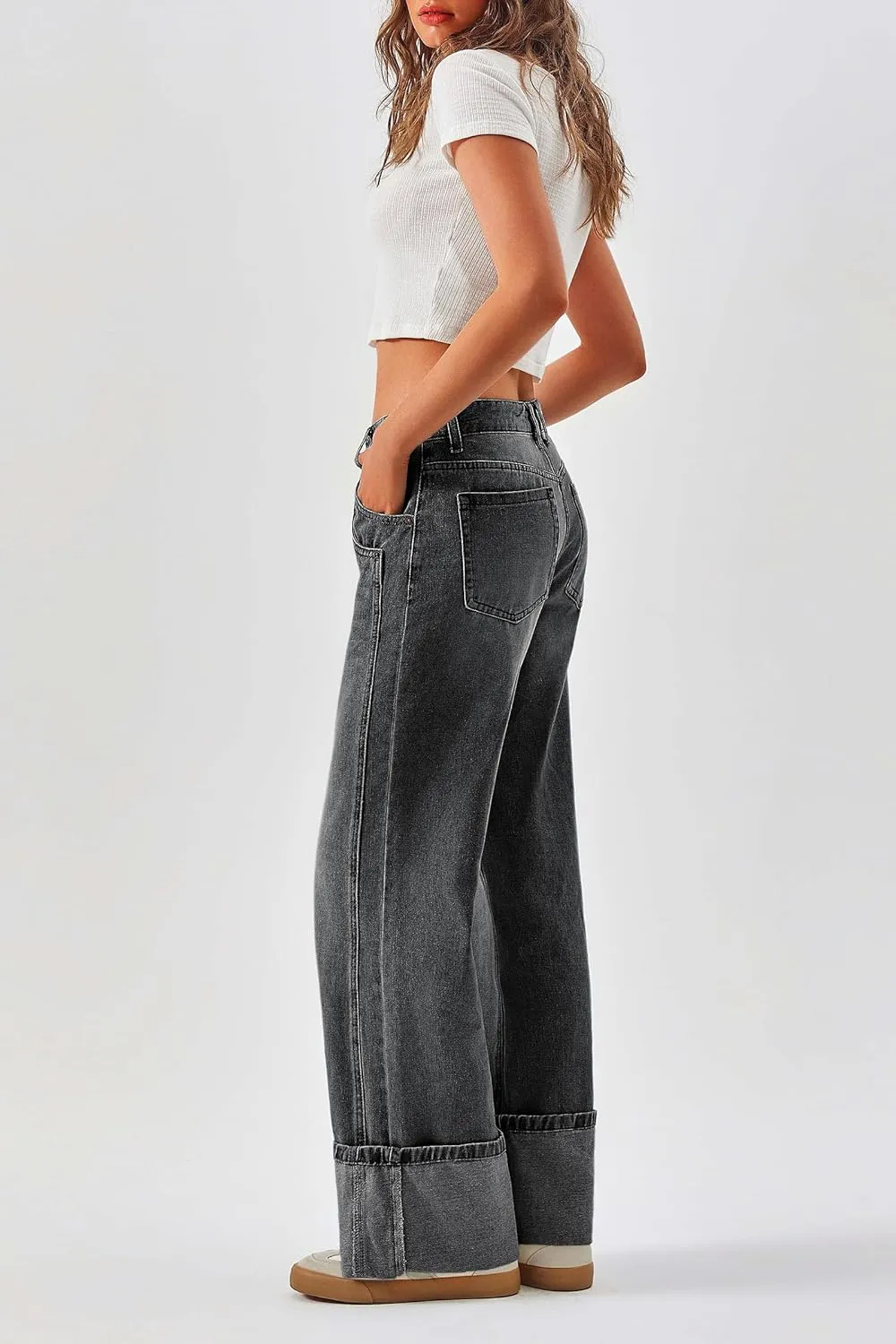 PLNOTME Womens Baggy Jeans Boyfriend Wide Leg Trendy Casual Mid Rise Cuffed Hem Denim Pants with Pockets