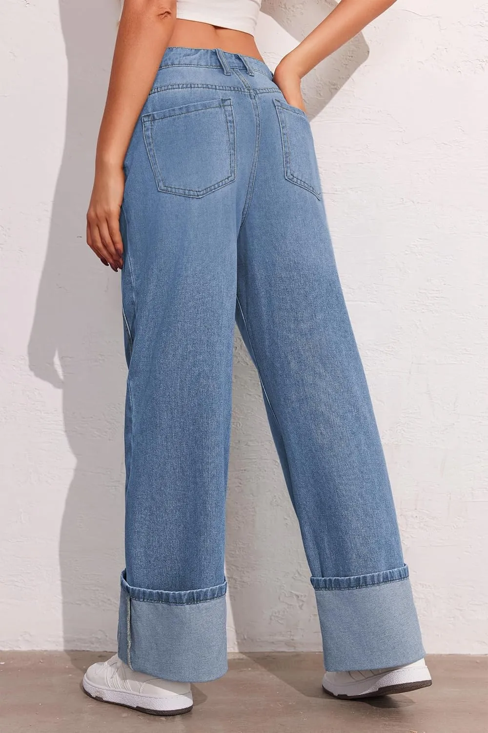 PLNOTME Womens Baggy Jeans Boyfriend Wide Leg Trendy Casual Mid Rise Cuffed Hem Denim Pants with Pockets