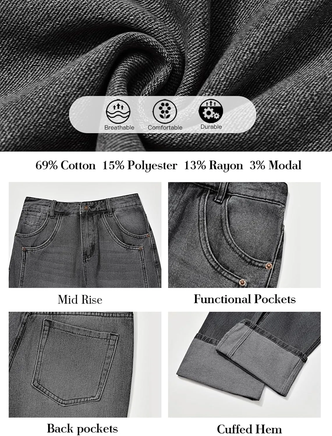 PLNOTME Womens Baggy Jeans Boyfriend Wide Leg Trendy Casual Mid Rise Cuffed Hem Denim Pants with Pockets