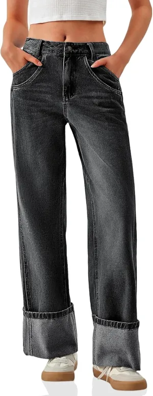 PLNOTME Womens Baggy Jeans Boyfriend Wide Leg Trendy Casual Mid Rise Cuffed Hem Denim Pants with Pockets