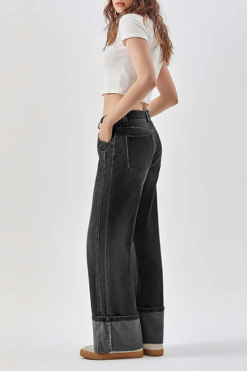 PLNOTME Womens Baggy Jeans Boyfriend Wide Leg Trendy Casual Mid Rise Cuffed Hem Denim Pants with Pockets