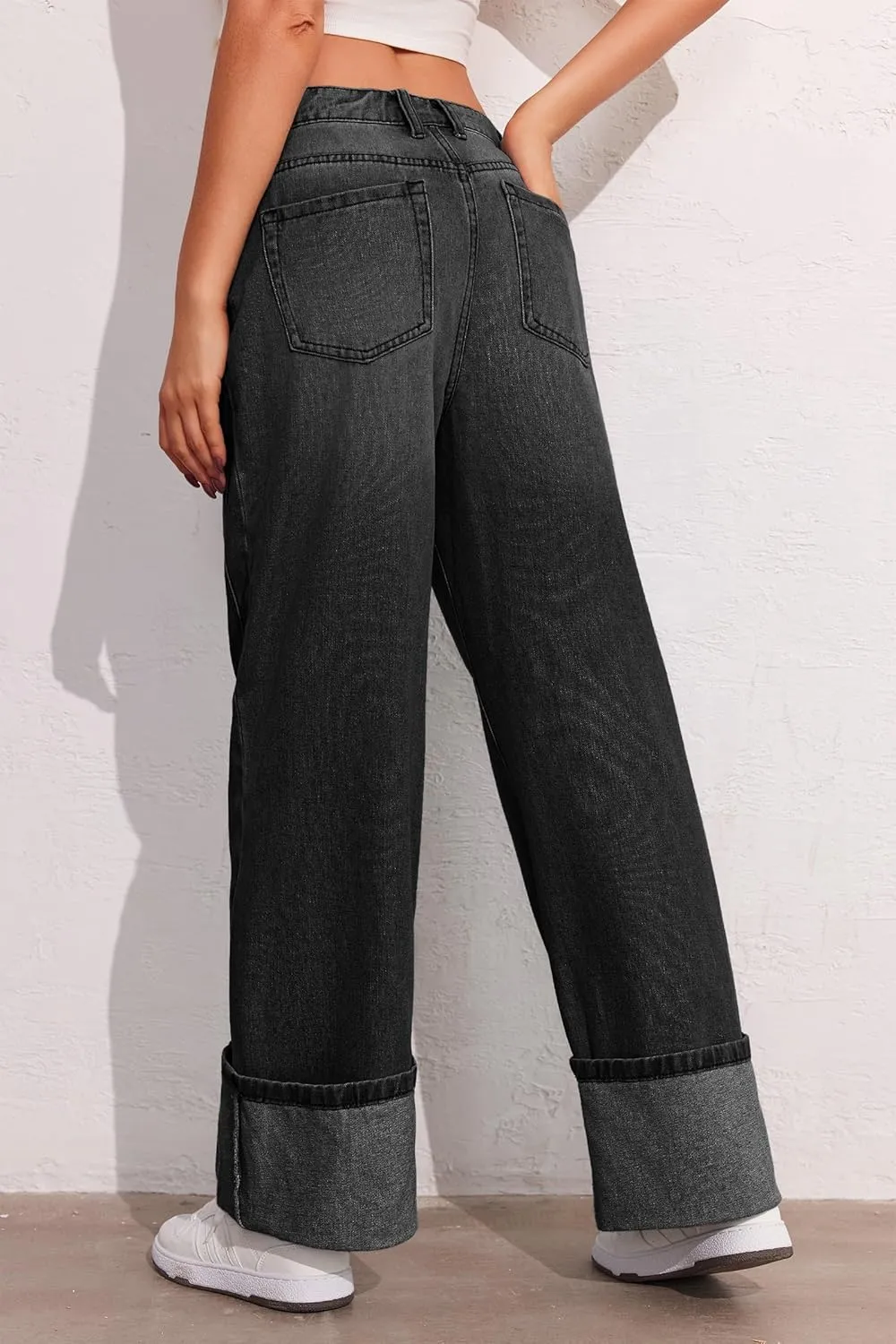 PLNOTME Womens Baggy Jeans Boyfriend Wide Leg Trendy Casual Mid Rise Cuffed Hem Denim Pants with Pockets