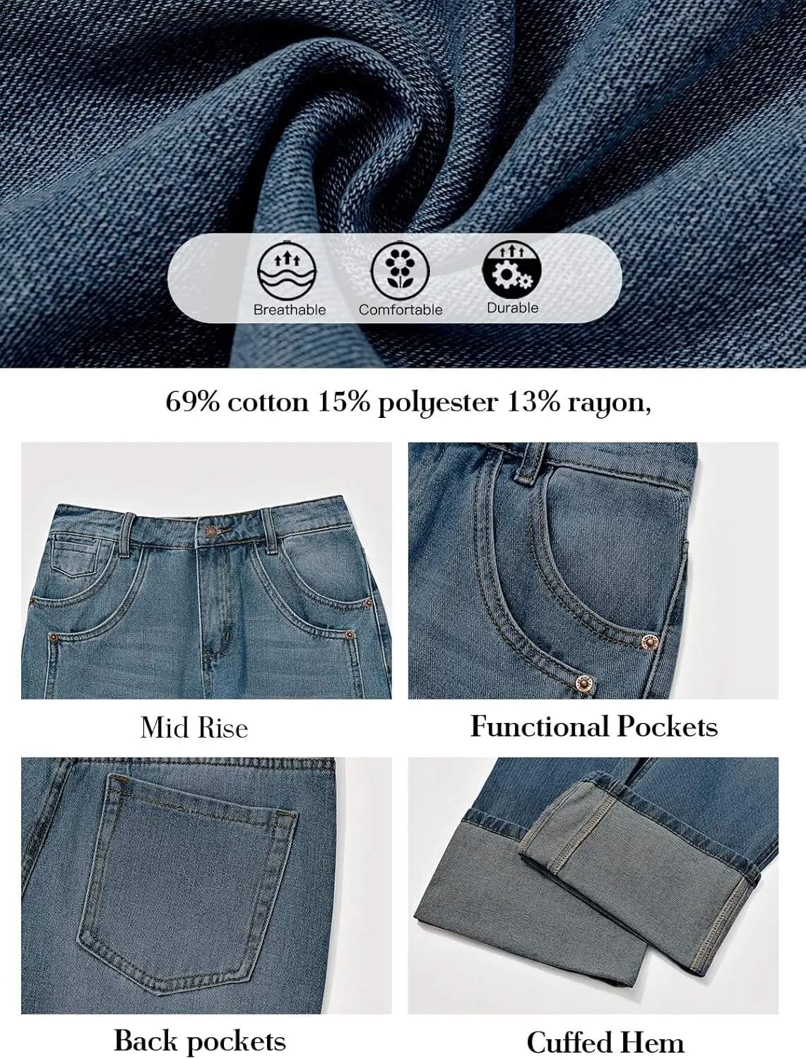 PLNOTME Womens Baggy Jeans Boyfriend Wide Leg Trendy Casual Mid Rise Cuffed Hem Denim Pants with Pockets