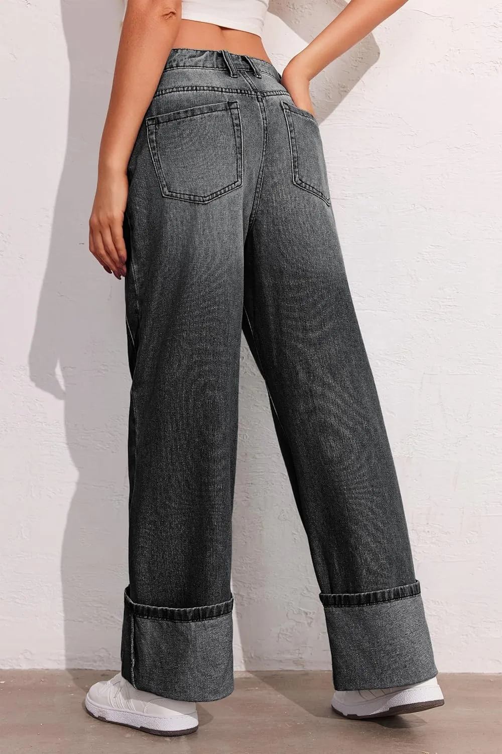 PLNOTME Womens Baggy Jeans Boyfriend Wide Leg Trendy Casual Mid Rise Cuffed Hem Denim Pants with Pockets