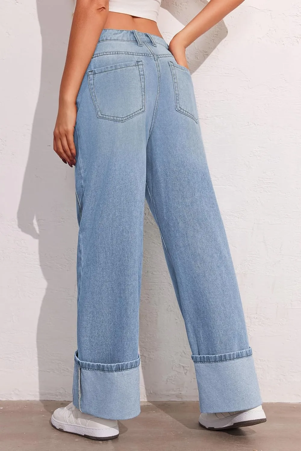 PLNOTME Womens Baggy Jeans Boyfriend Wide Leg Trendy Casual Mid Rise Cuffed Hem Denim Pants with Pockets
