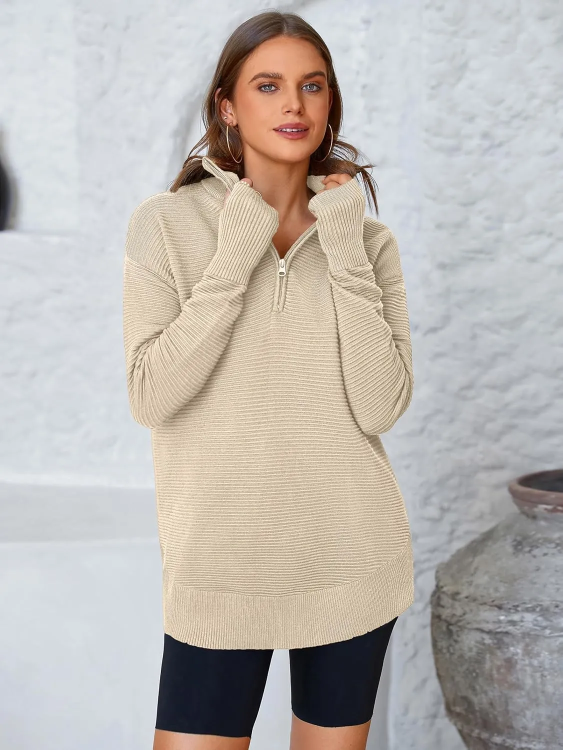 PRETTYGARDEN Womens Long Sleeve Quarter Zip Pullover Sweater Casual Loose V Neck Collared Ribbed Knit Jumper Tops Thumb Hole