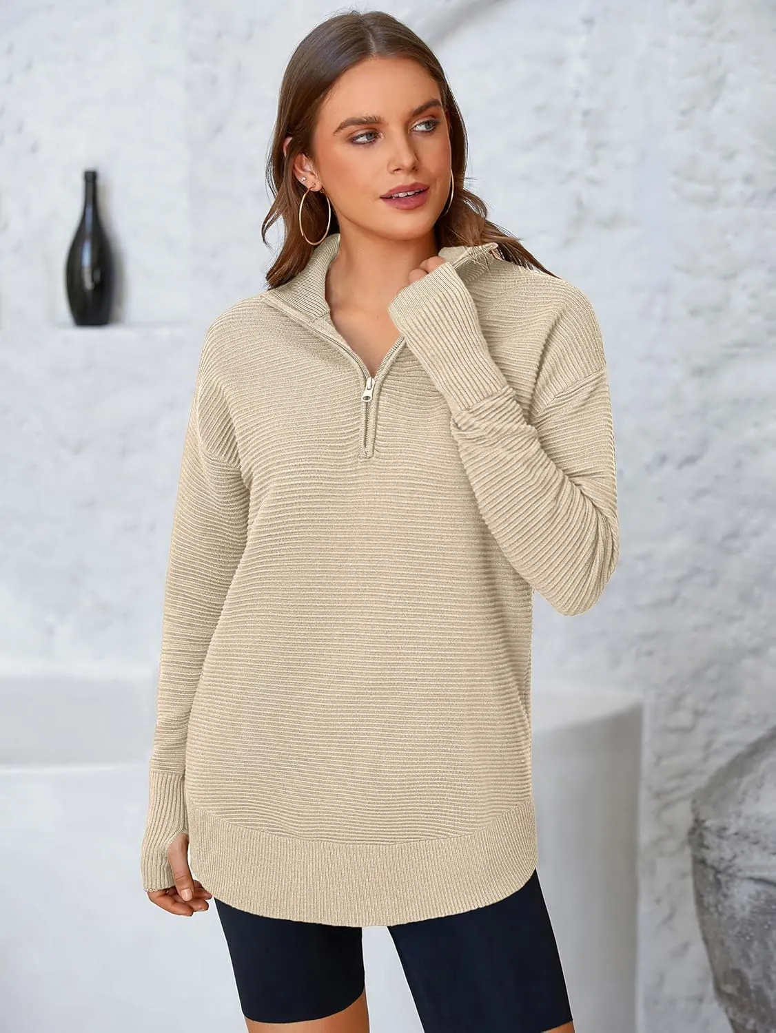 PRETTYGARDEN Womens Long Sleeve Quarter Zip Pullover Sweater Casual Loose V Neck Collared Ribbed Knit Jumper Tops Thumb Hole