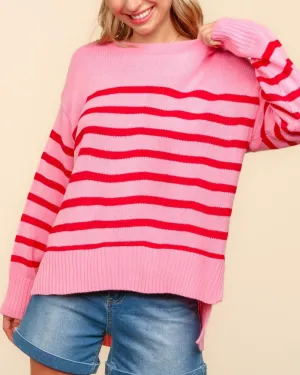 Pullover High Low Stripe Sweater - Pink/Red