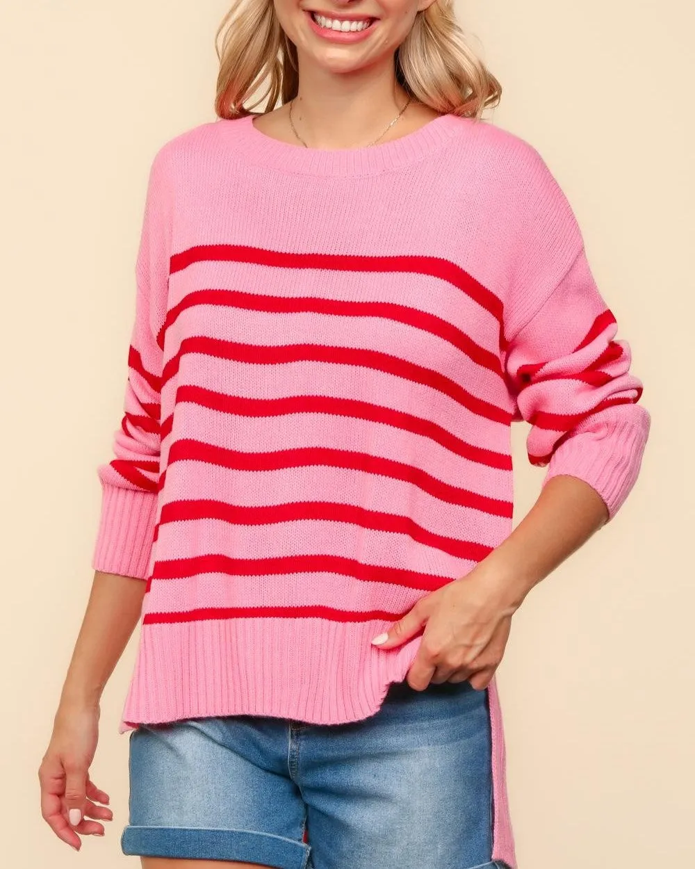 Pullover High Low Stripe Sweater - Pink/Red