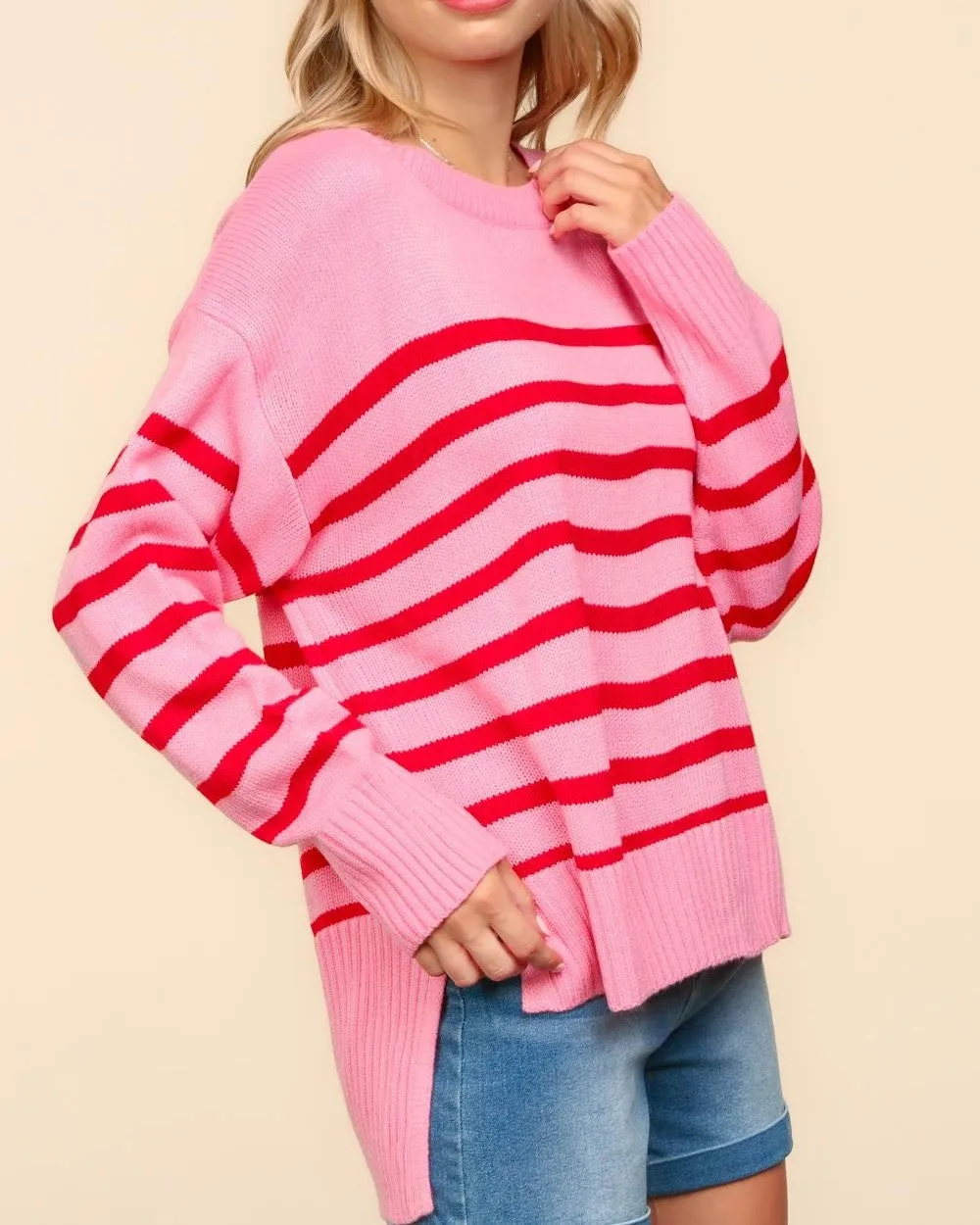 Pullover High Low Stripe Sweater - Pink/Red