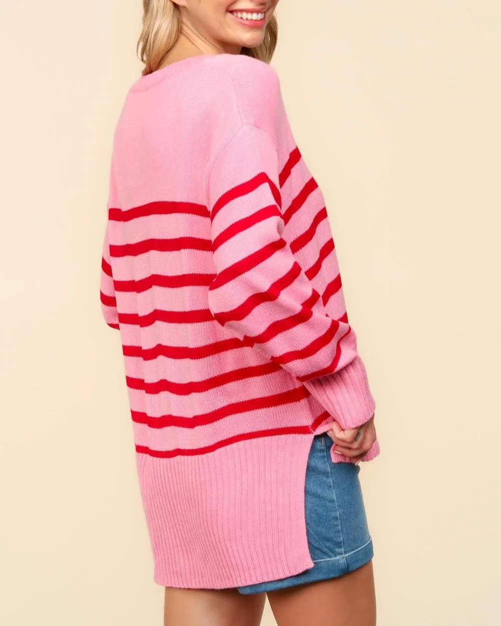 Pullover High Low Stripe Sweater - Pink/Red
