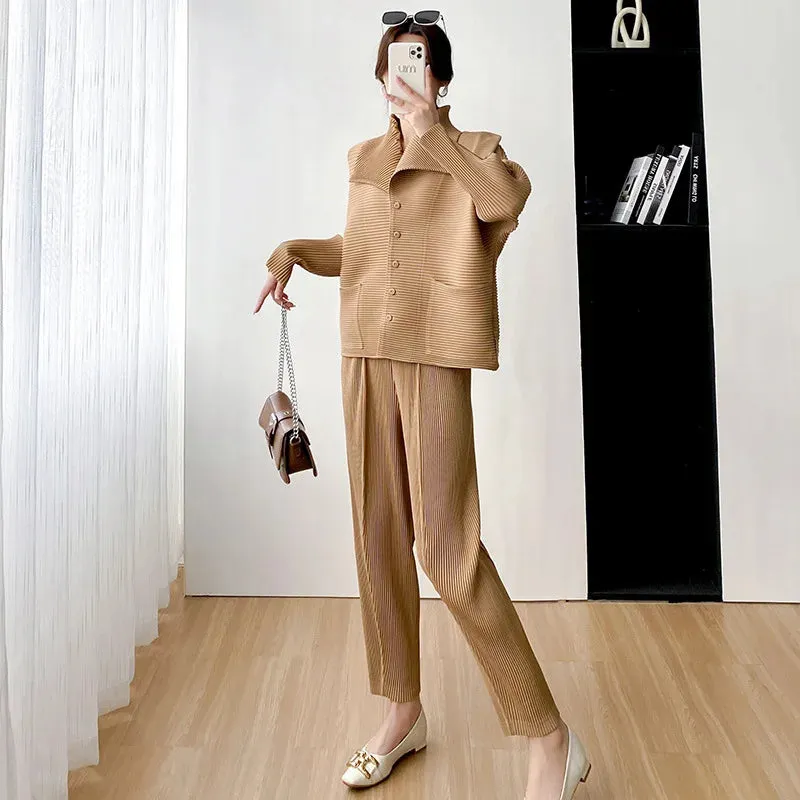 Relaxed Elegant Comfortable Pleated Women tops & Pants Two Piece Set