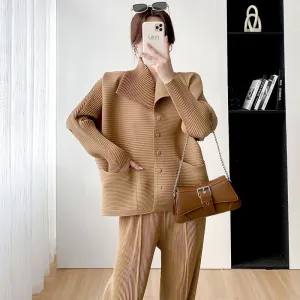 Relaxed Elegant Comfortable Pleated Women tops & Pants Two Piece Set