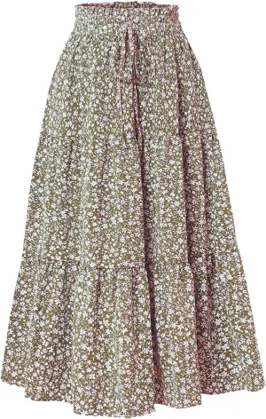 Rvidbe Summer Skirts for Women 2025,Women's High Elastic Waist Midi Skirt Casual Tie Front Flowy Ruffle Floral A line Skirts