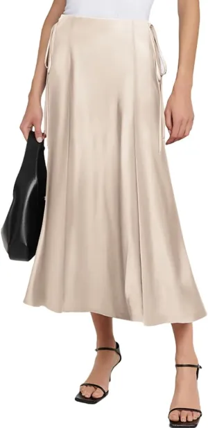 SEBOWEL Women Satin Maxi Long Skirt Silk Side Tie A Line Swing Midi Skirt Silky Flowy Ruffle Pleated Cocktail Party Skirts