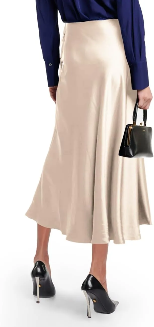 SEBOWEL Women Satin Maxi Long Skirt Silk Side Tie A Line Swing Midi Skirt Silky Flowy Ruffle Pleated Cocktail Party Skirts