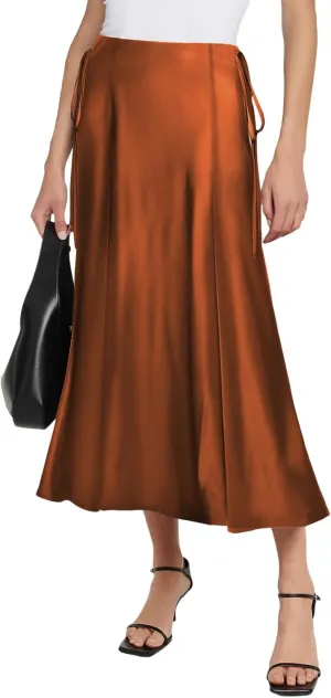 SEBOWEL Women Satin Maxi Long Skirt Silk Side Tie A Line Swing Midi Skirt Silky Flowy Ruffle Pleated Cocktail Party Skirts